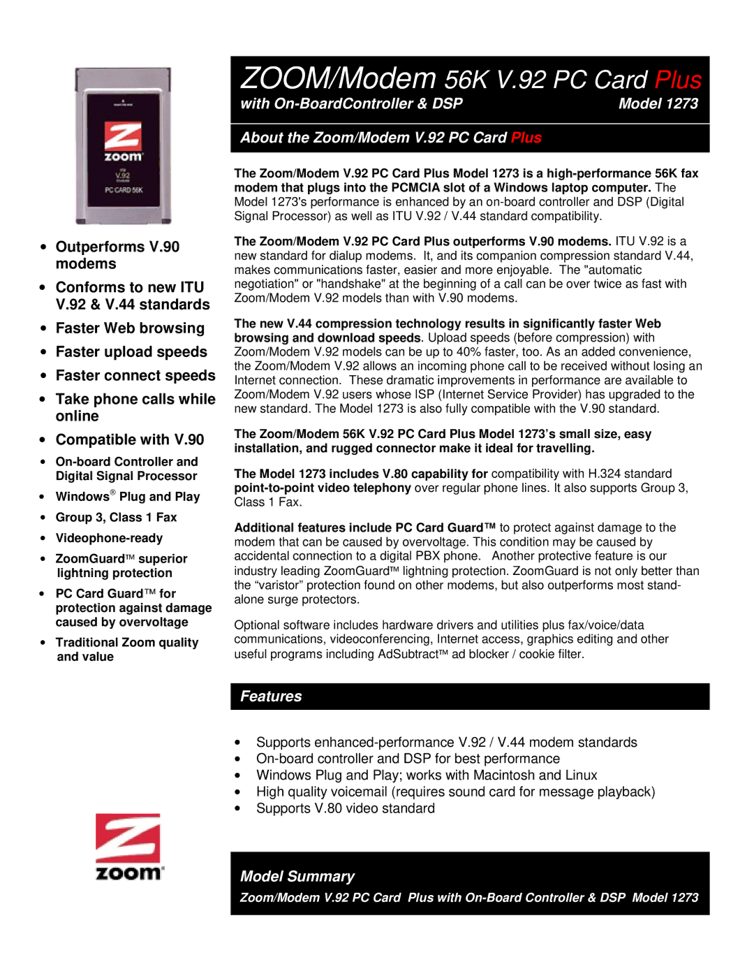 Zoom 1273 manual Features, Model Summary 