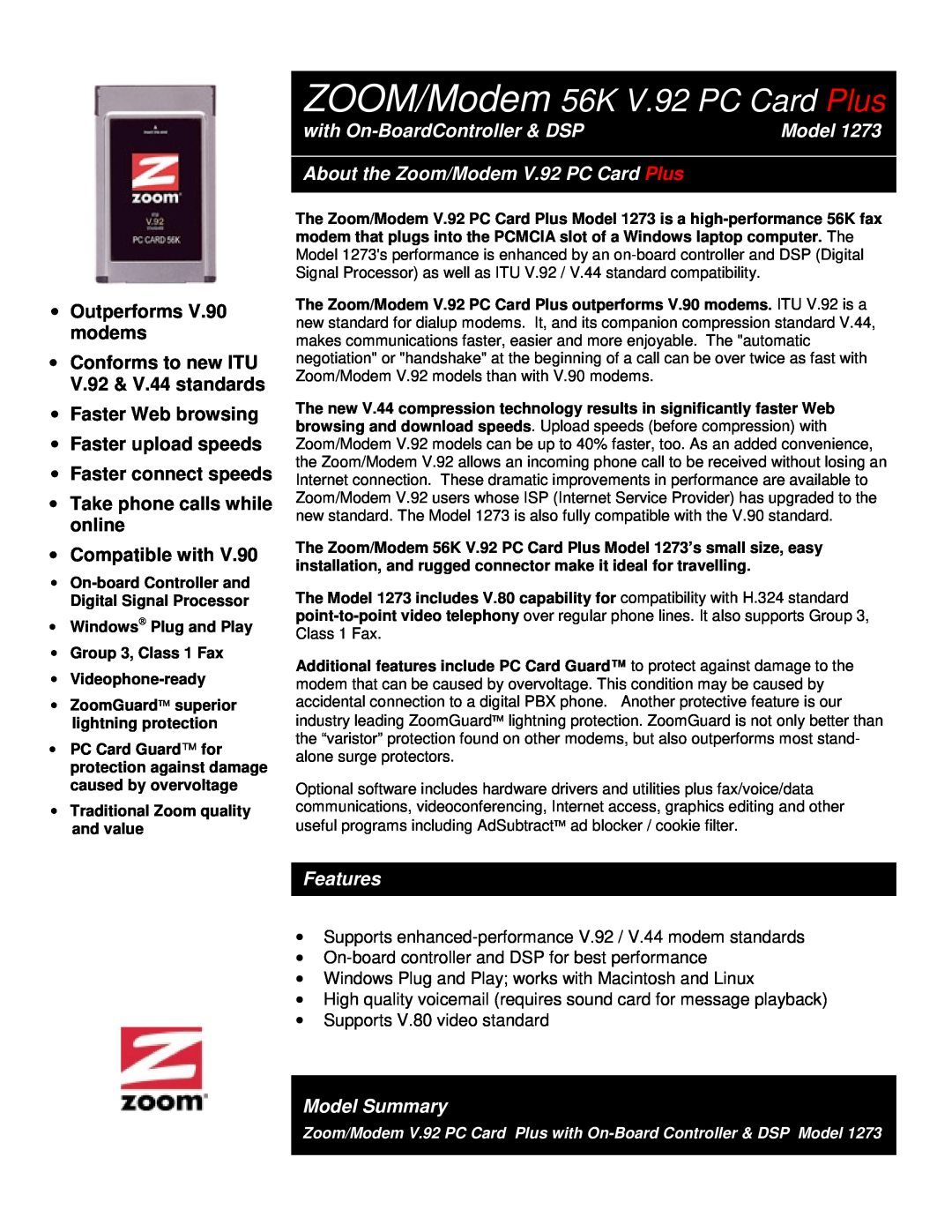 Zoom 1273 manual ZOOM/Modem 56K V.92 PC Card Plus, with On-BoardController & DSP, Features, Model Summary 