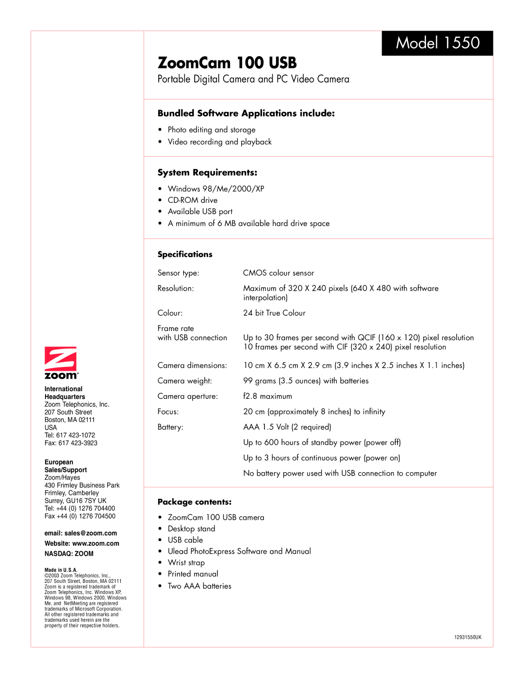 Zoom 1550 manual Specifications, Package contents 