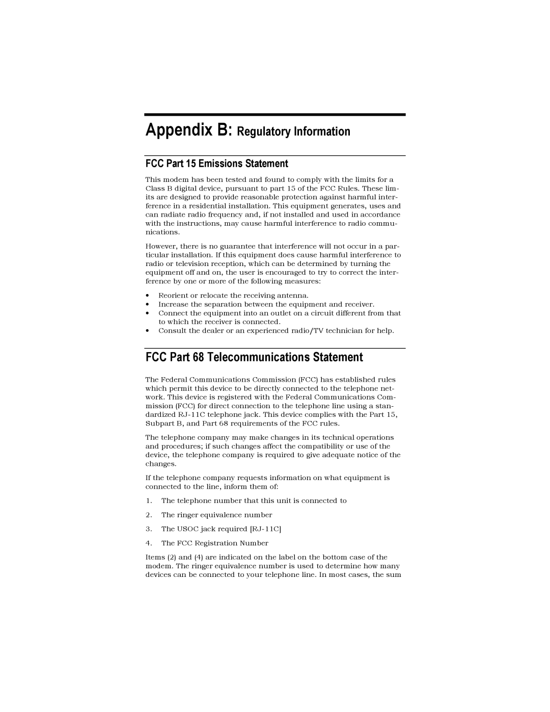 Zoom 27575 quick start Appendix B Regulatory Information, FCC Part 68 Telecommunications Statement 