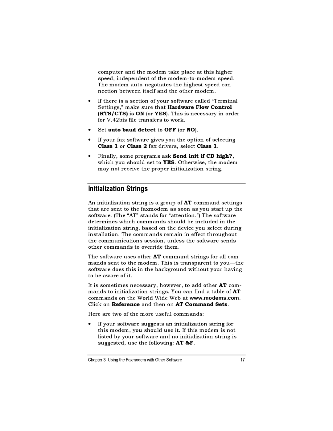 Zoom 1120, 2925 quick start Initialization Strings, ∙ Set auto baud detect to OFF or no 