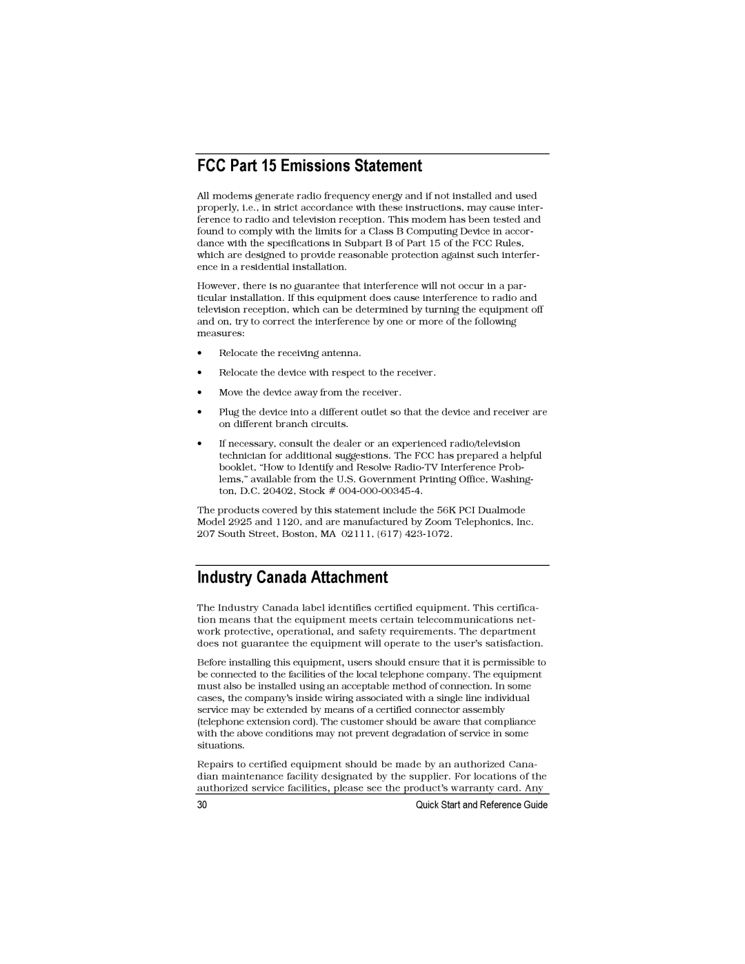 Zoom 2925, 1120 quick start FCC Part 15 Emissions Statement, Industry Canada Attachment 