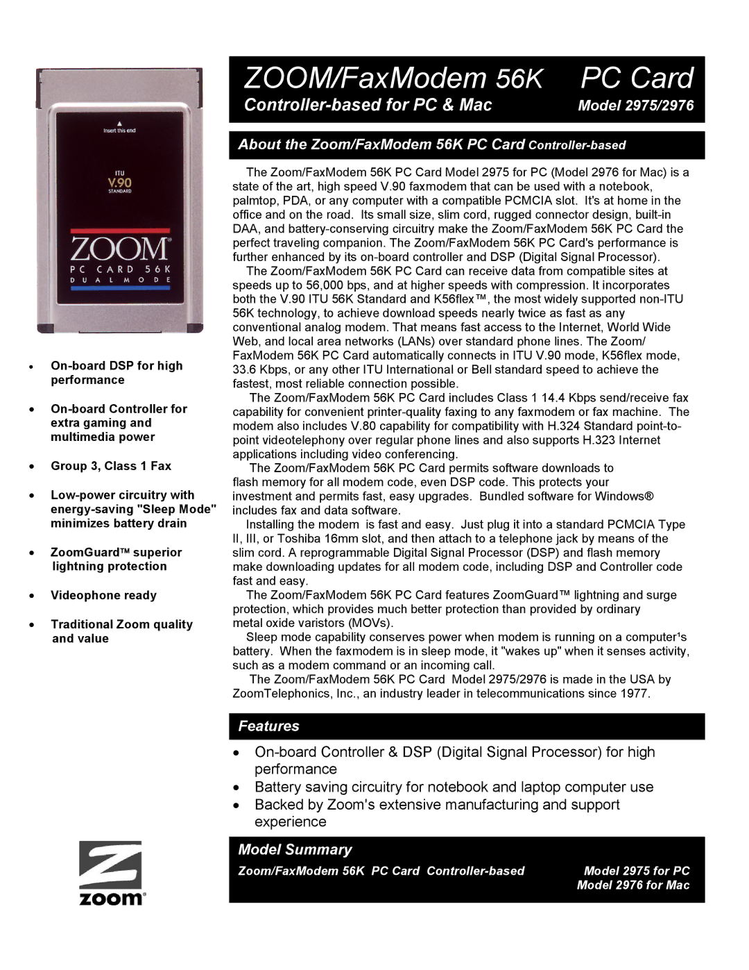 Zoom manual Model 2975/2976, About the Zoom/FaxModem 56K PC Card Controller-based, Features, Model Summary 