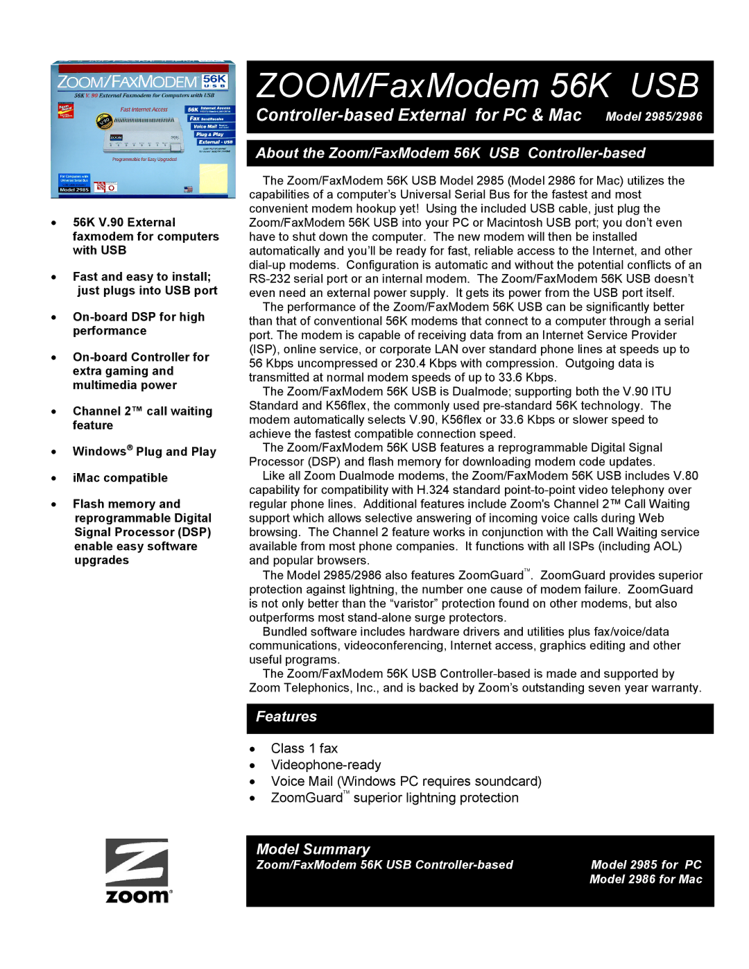 Zoom 2986, 2985 warranty About the Zoom/FaxModem 56K USB Controller-based, Features, Model Summary 