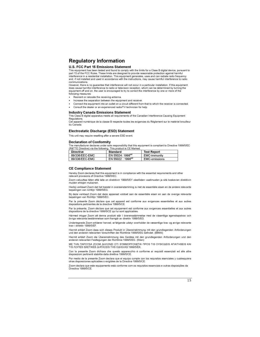 Zoom 300 manual Regulatory Information, FCC Part 15 Emissions Statement 