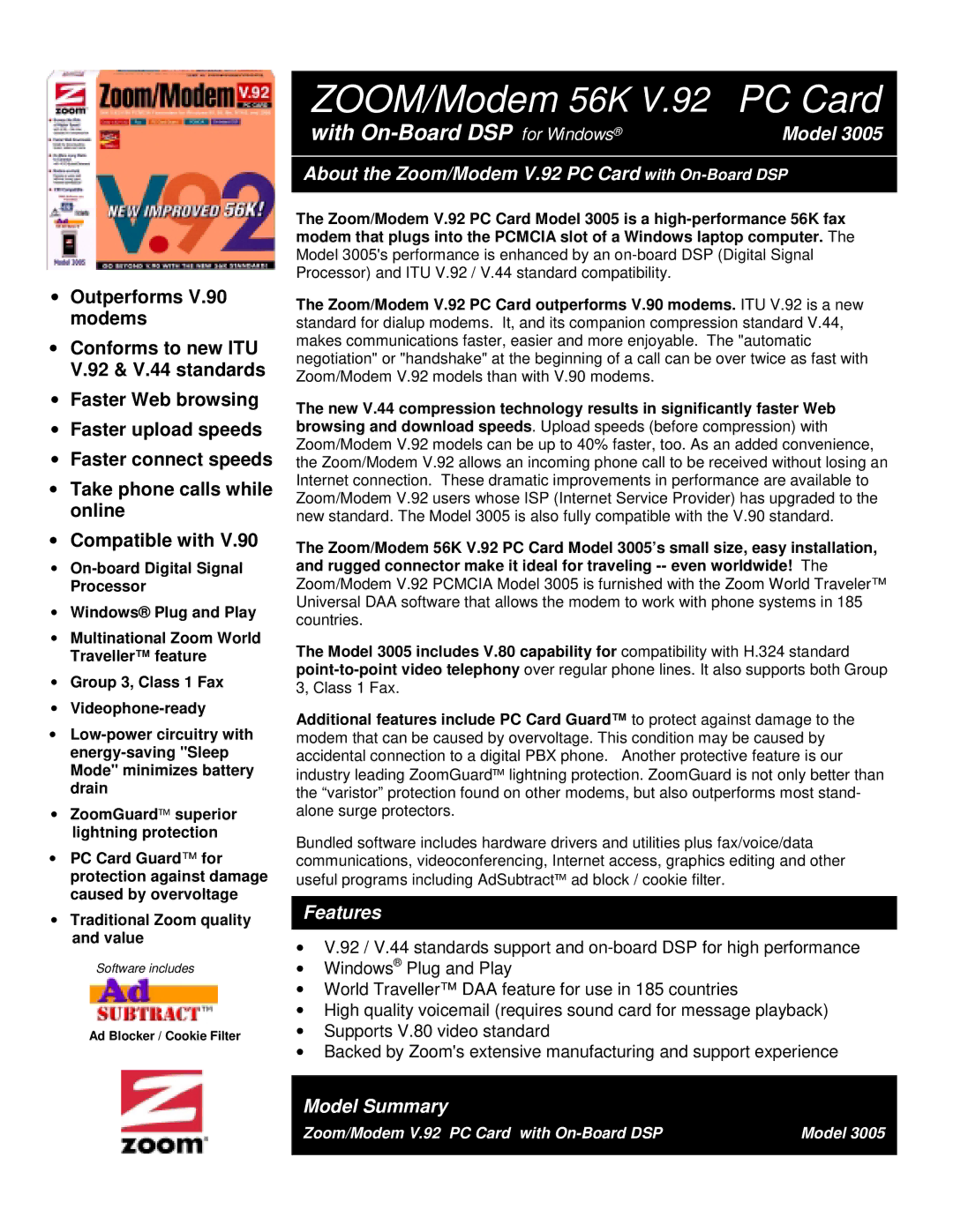 Zoom 3005 manual About the Zoom/Modem V.92 PC Card with On-Board DSP, Features, Model Summary 