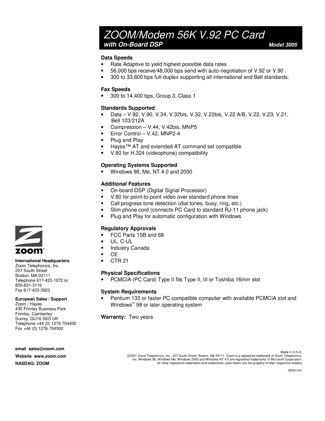 Zoom 3005 manual With On-Board DSP 