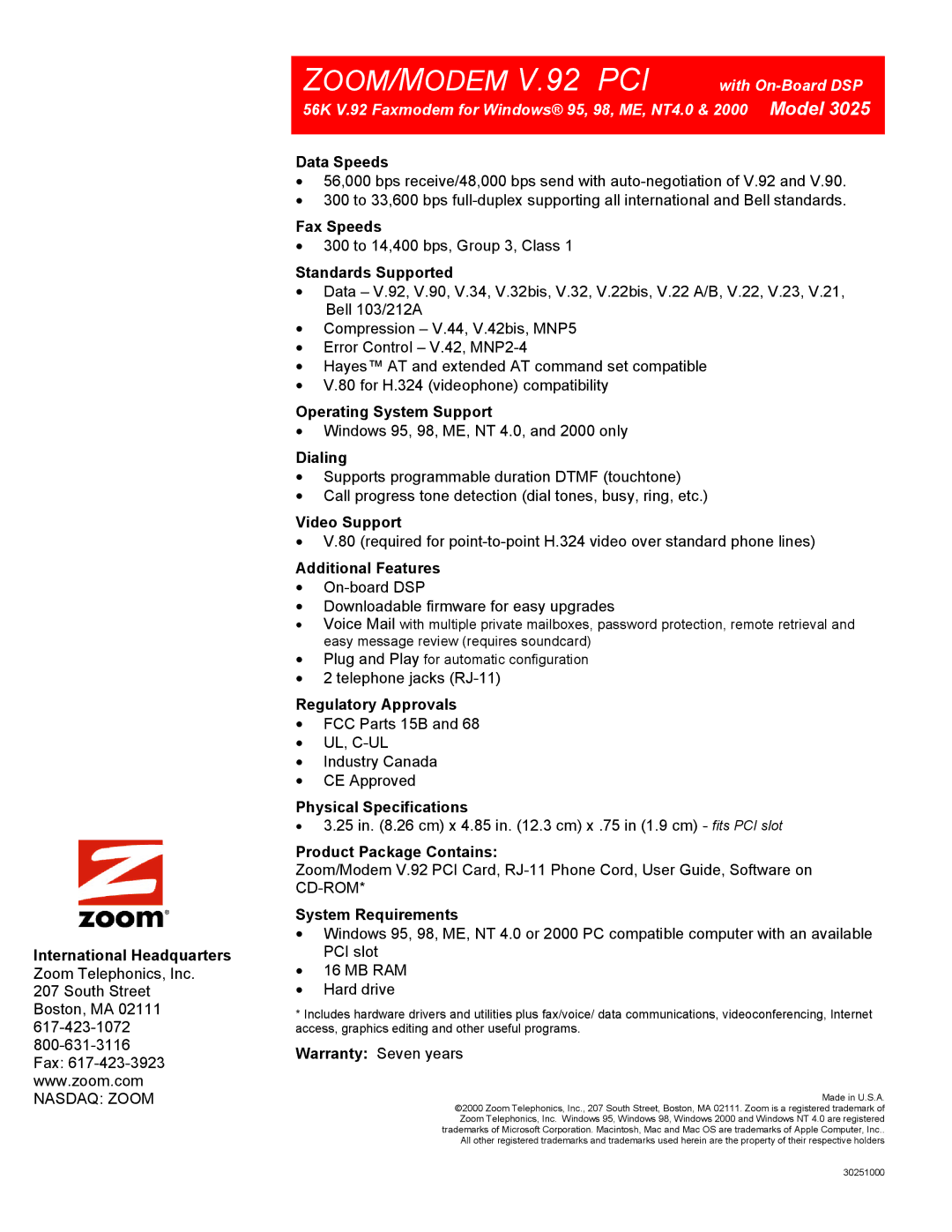 Zoom 3025 International Headquarters, Data Speeds, Fax Speeds, Standards Supported, Operating System Support, Dialing 