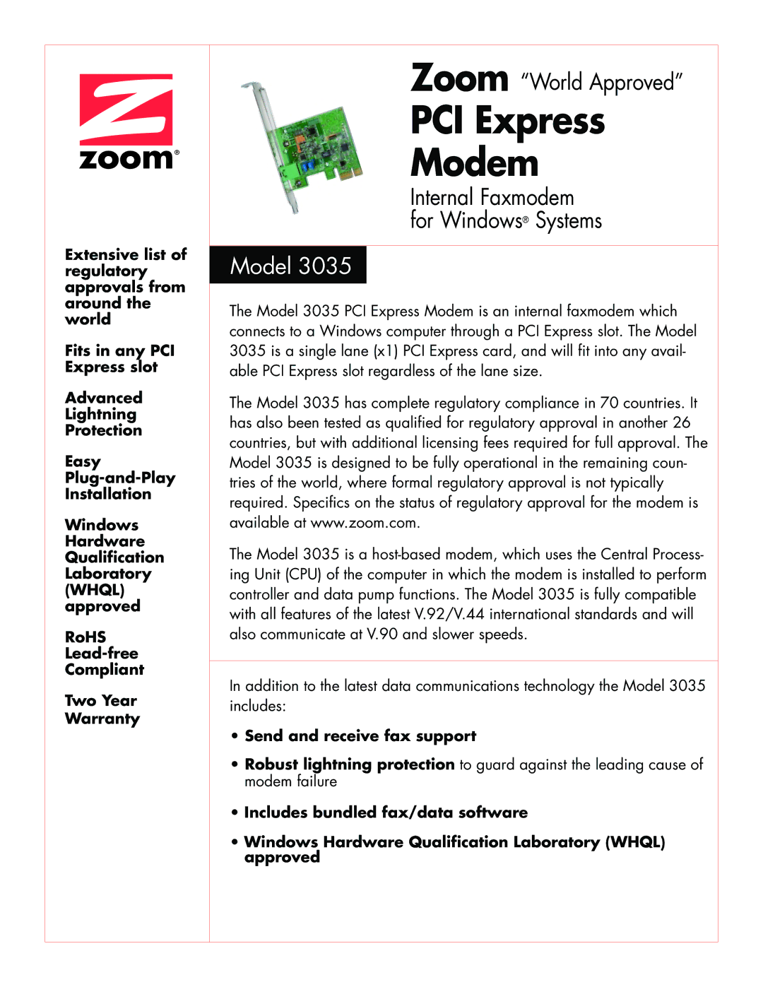 Zoom 3035 warranty PCI Express Modem 