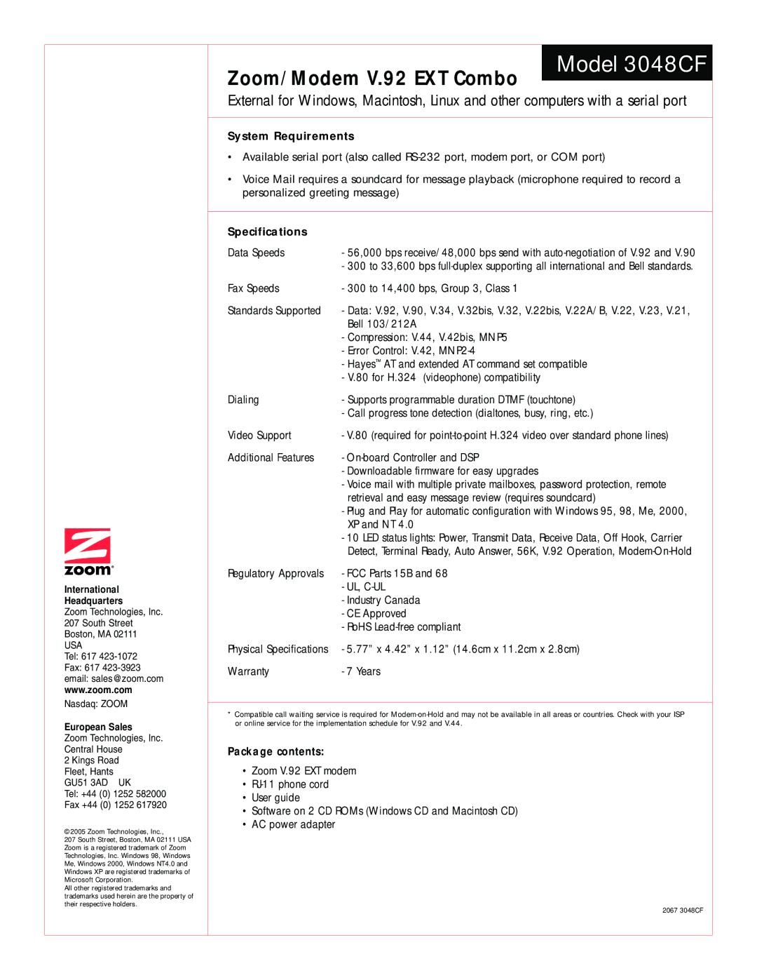 Zoom 3049C, 3048CF warranty System Requirements, Specifications, Package contents 