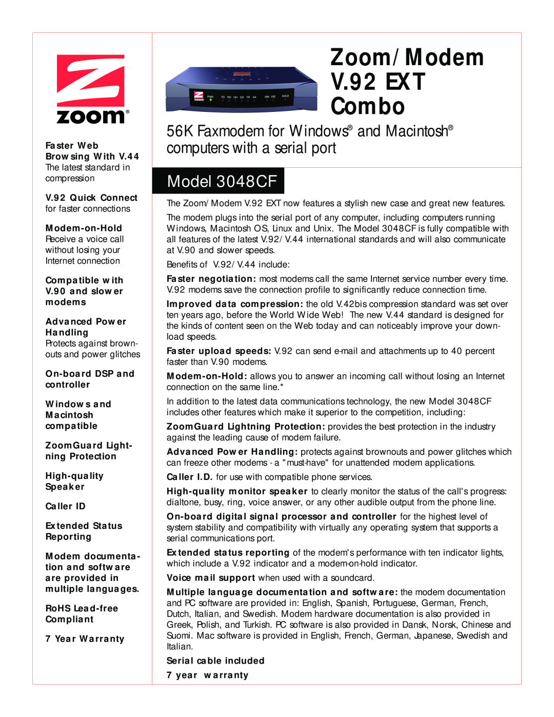 Zoom 3049C warranty Model 3048CF, Zoom/Modem V.92 EXT Combo 