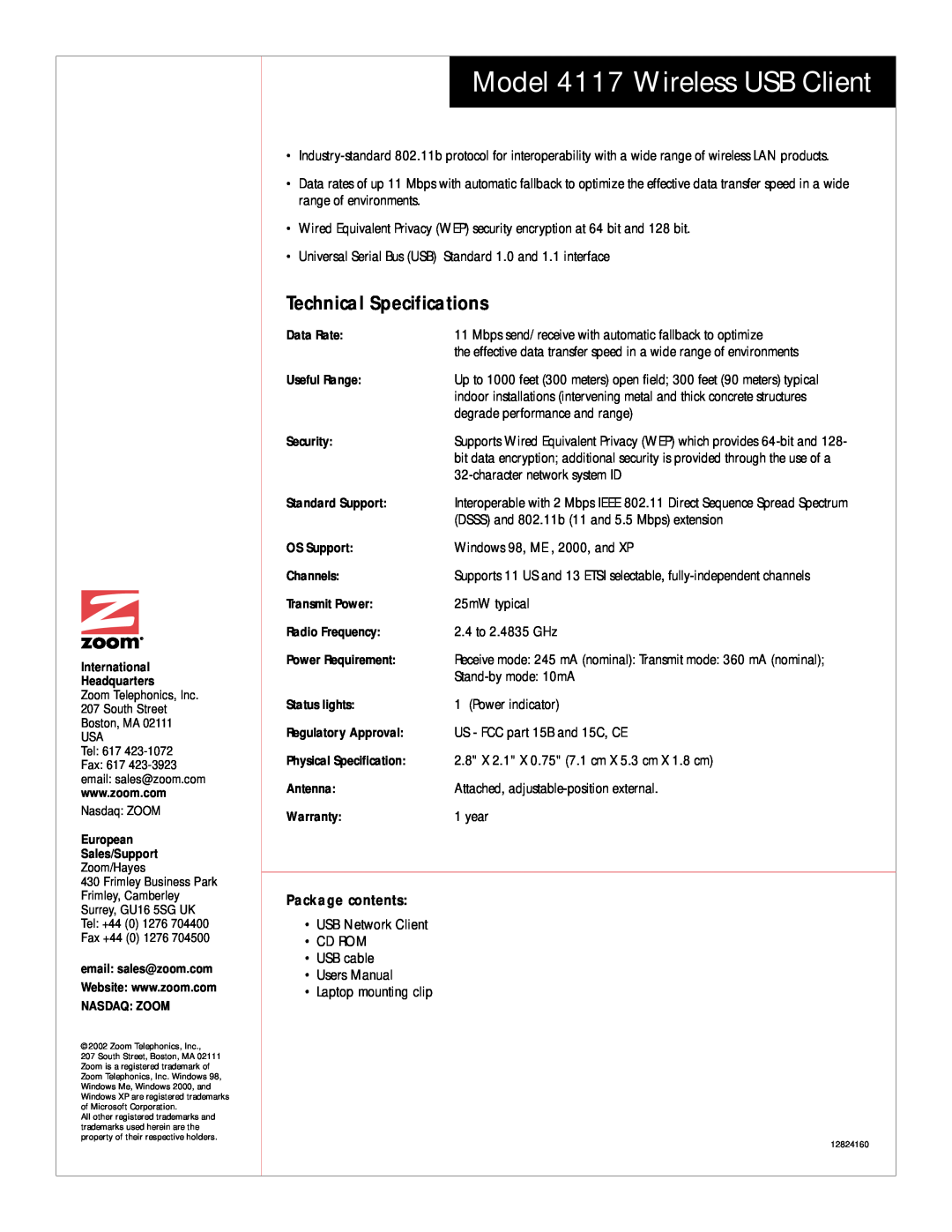 Zoom manual Technical Specifications, Model 4117 Wireless USB Client, Package contents 