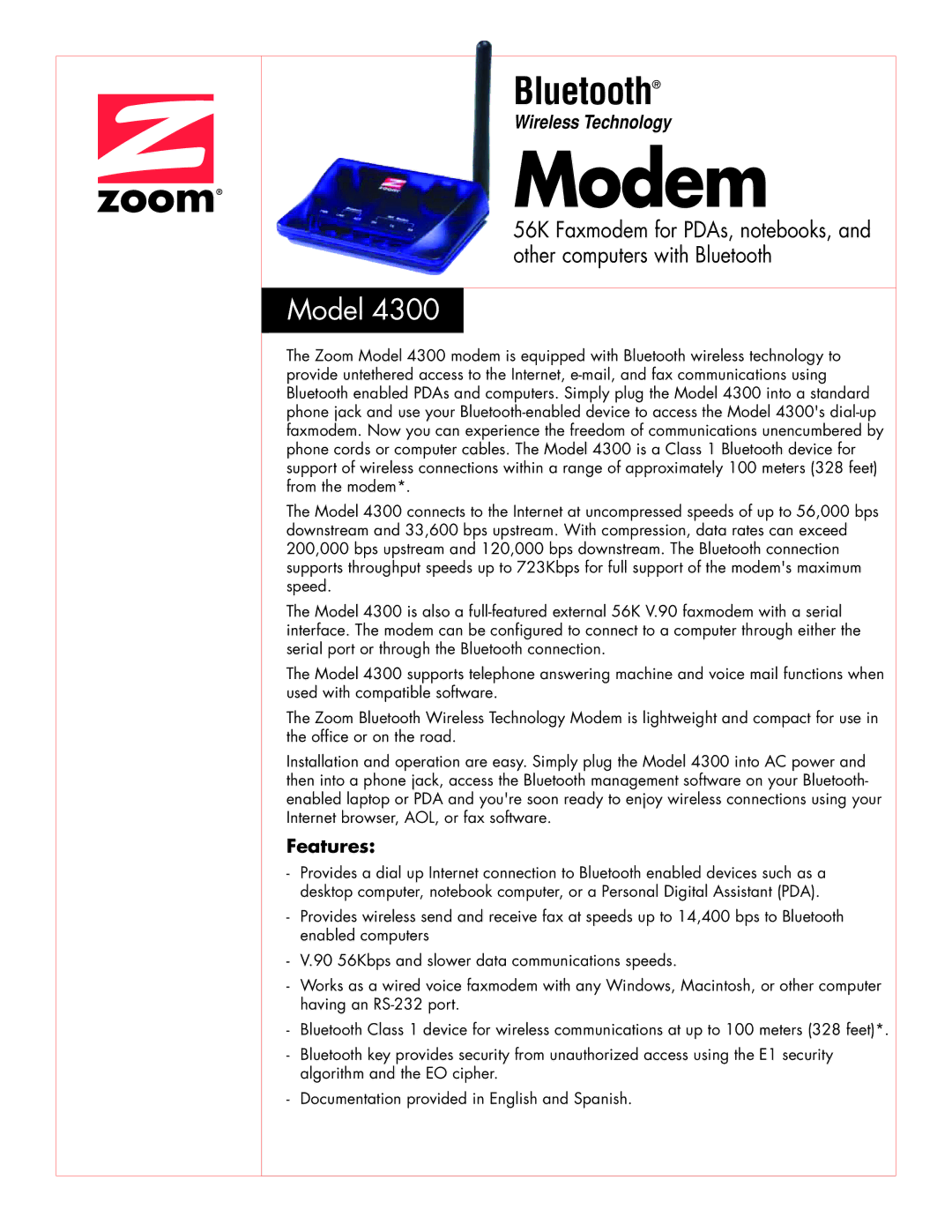 Zoom 4300 manual Modem, Model, Features 