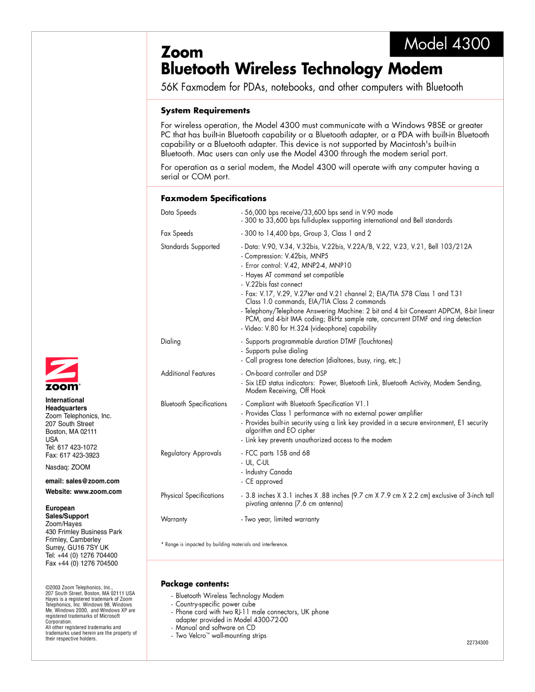 Zoom 4300 manual Zoom, Model, Bluetooth Wireless Technology Modem 