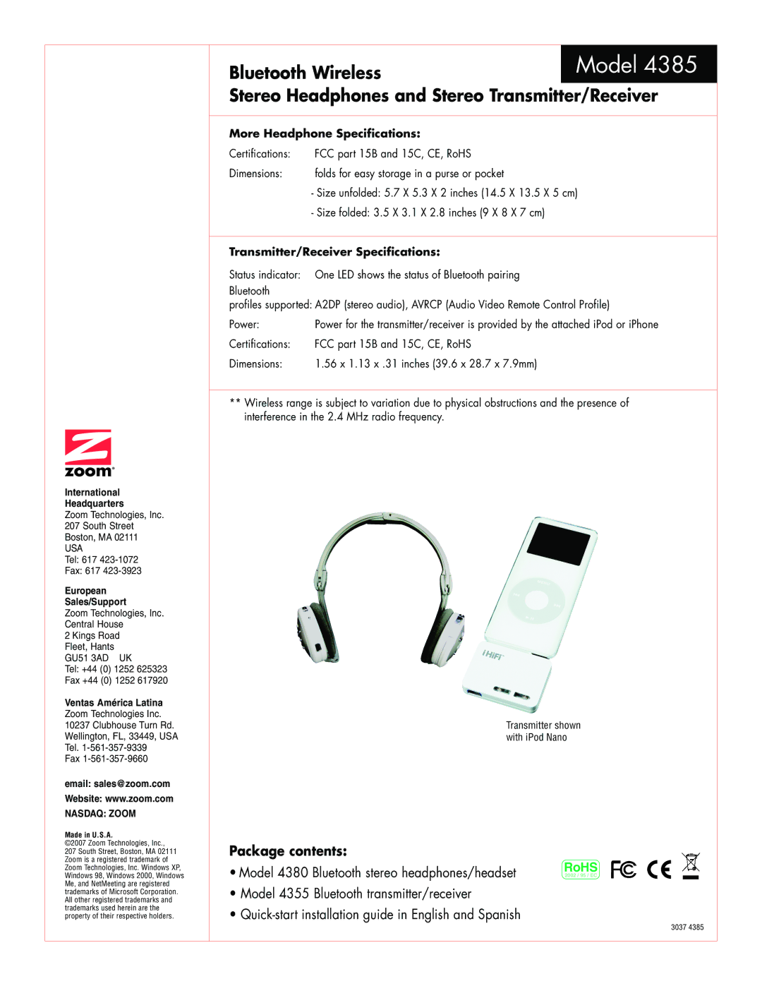 Zoom 4385 specifications More Headphone Specifications, Transmitter/Receiver Specifications 