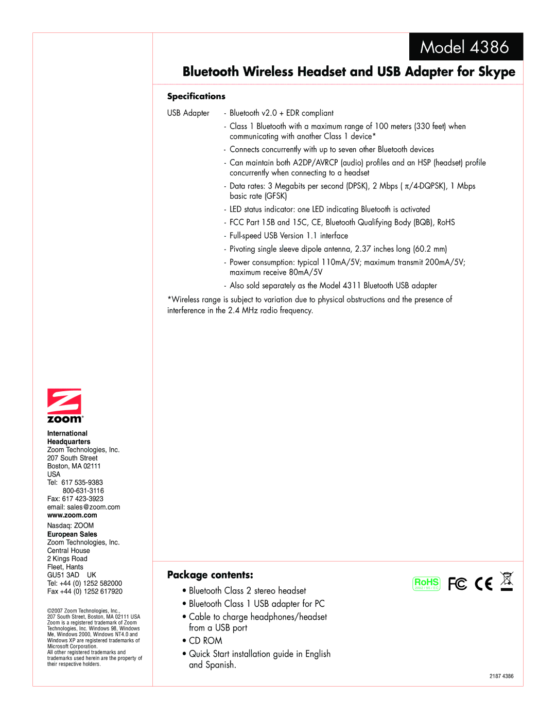 Zoom 4386 warranty Bluetooth Wireless Headset and USB Adapter for Skype, Package contents 