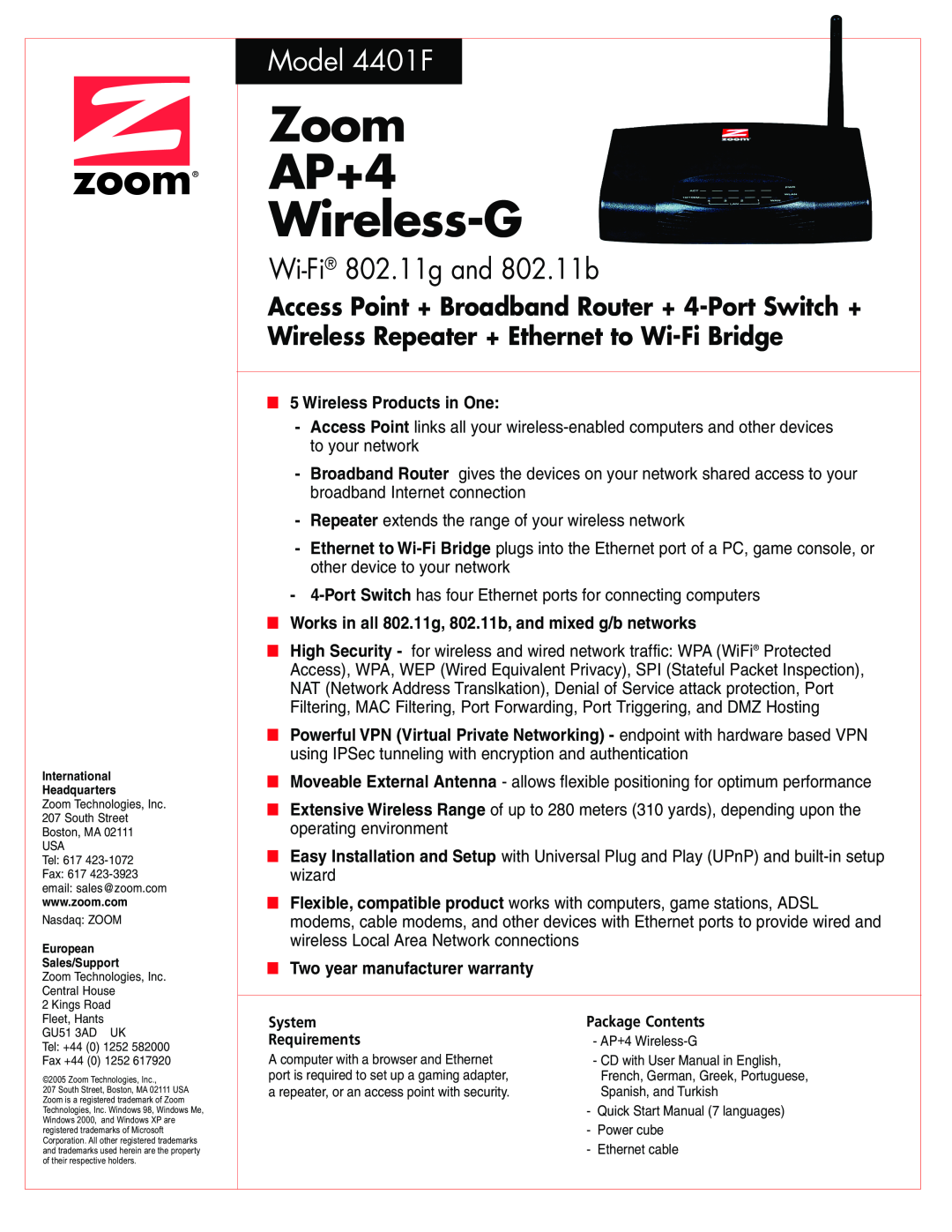 Zoom warranty Zoom AP+4 Wireless-G, Model 4401F, Wi-Fi 802.11g and 802.11b, Wireless Products in One 