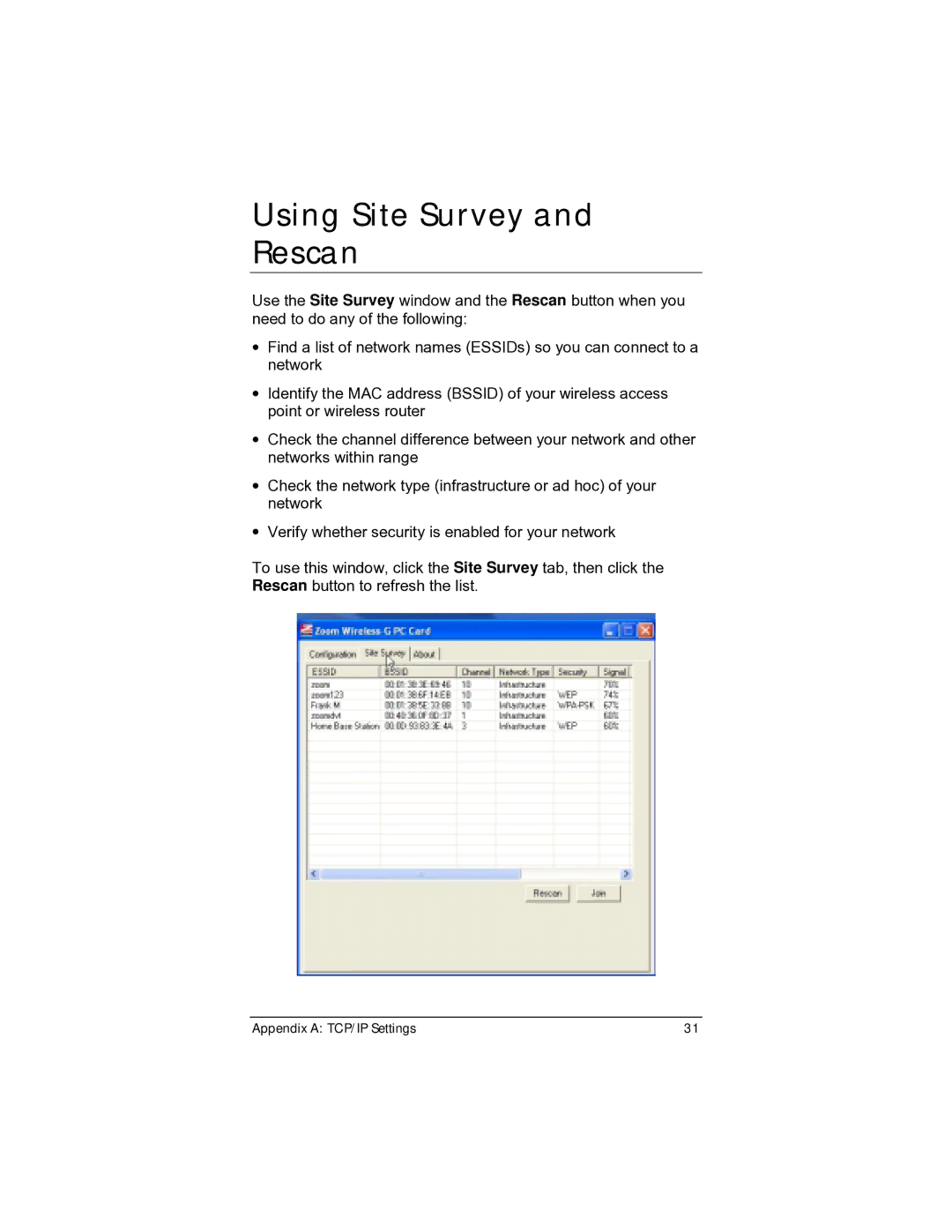 Zoom 4412A/TF manual Using Site Survey and Rescan 