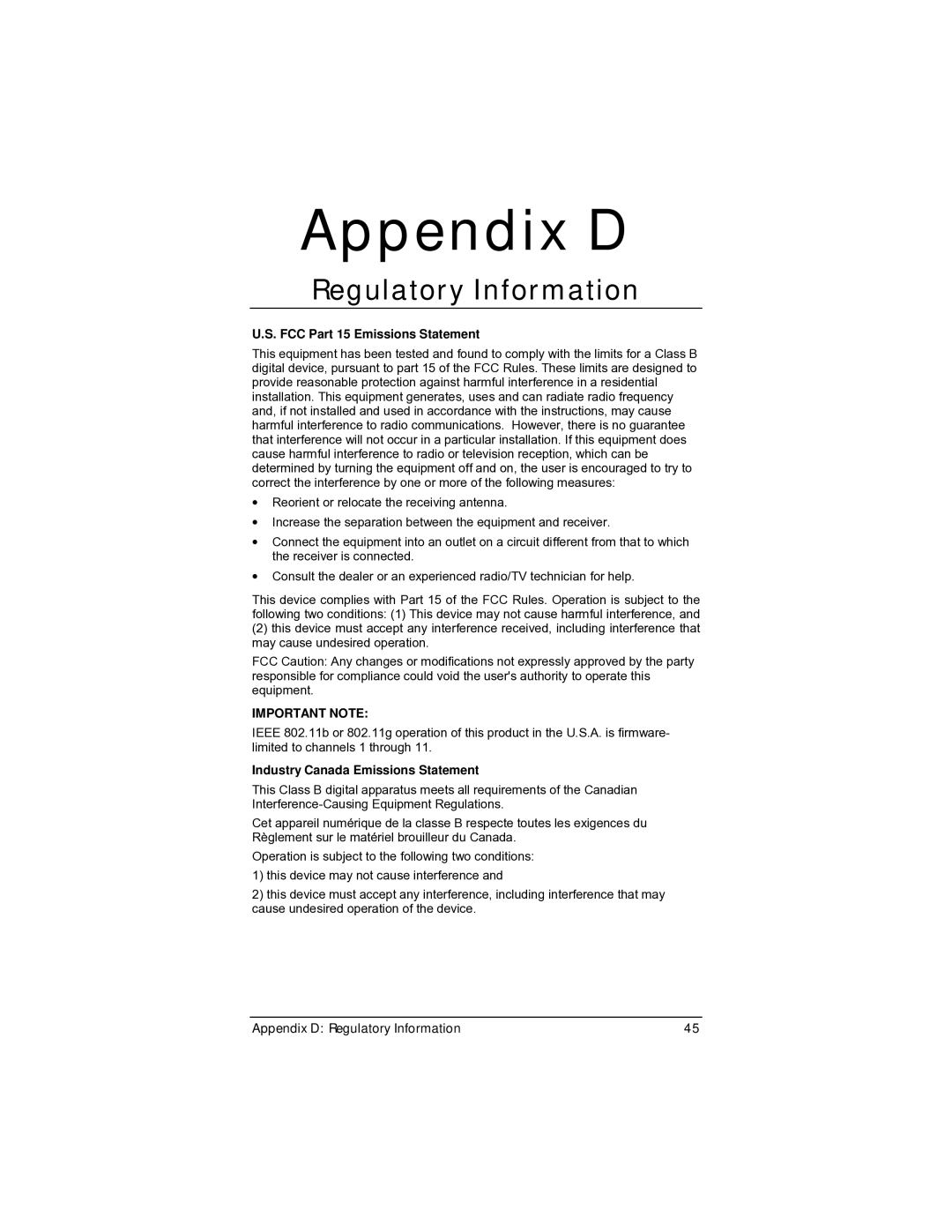 Zoom 4412A/TF manual Appendix D, Regulatory Information 