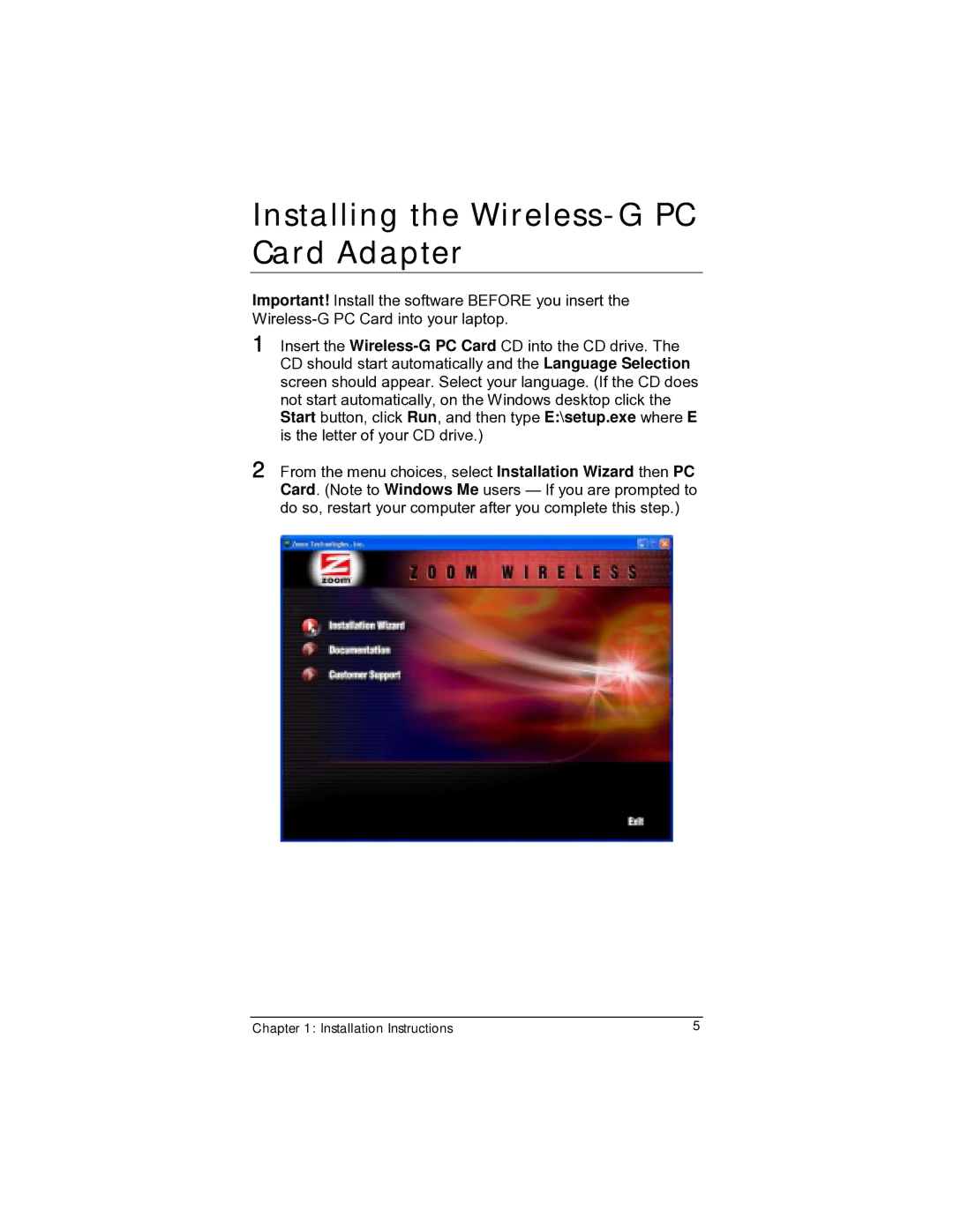 Zoom 4412A/TF manual Installing the Wireless-G PC Card Adapter 