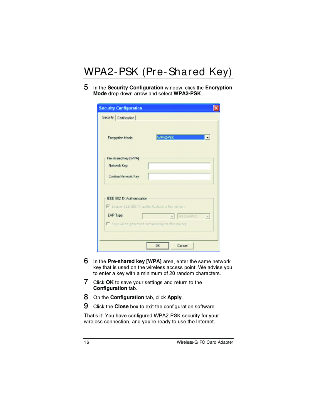 Zoom 4412A/TF manual WPA2-PSK Pre-Shared Key, In the Security Configuration window, click the Encryption 