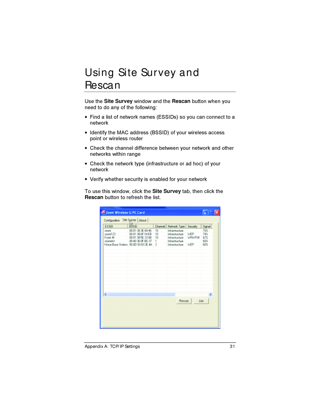 Zoom 4412A/TF manual Using Site Survey and Rescan 
