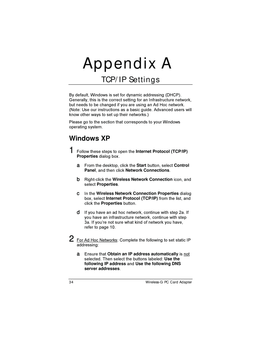 Zoom 4412A/TF manual Appendix A, TCP/IP Settings, Windows XP 