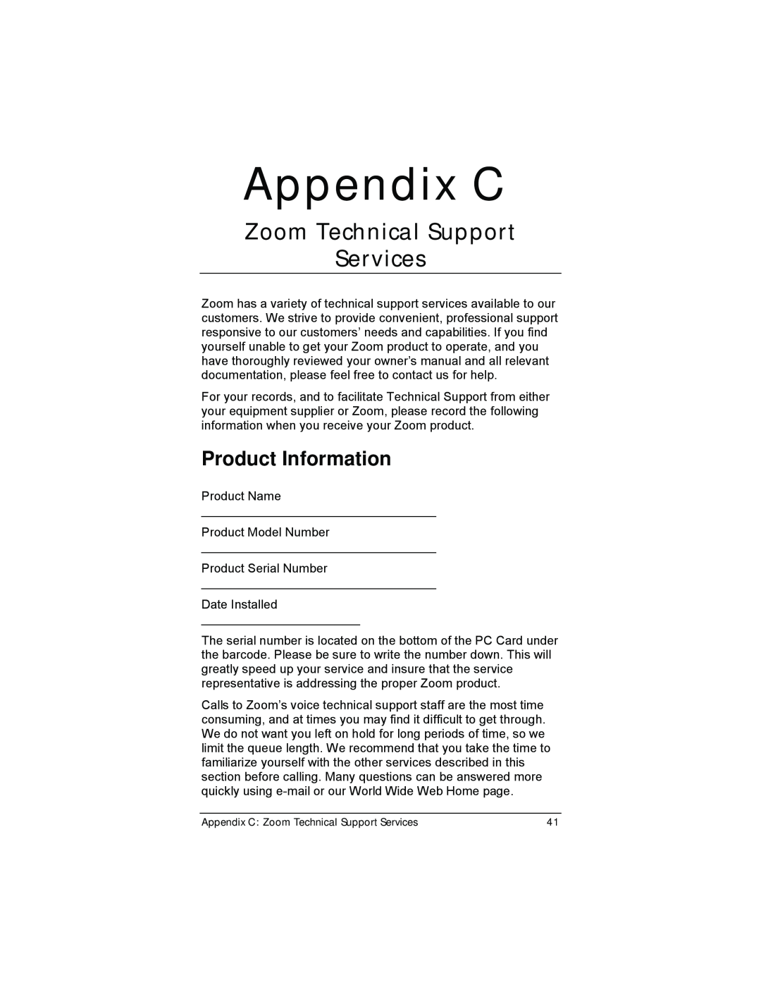 Zoom 4412A/TF manual Appendix C, Zoom Technical Support Services, Product Information 