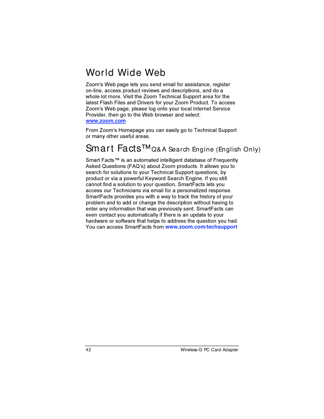 Zoom 4412A/TF manual World Wide Web, Smart Facts Q&A Search Engine English Only 