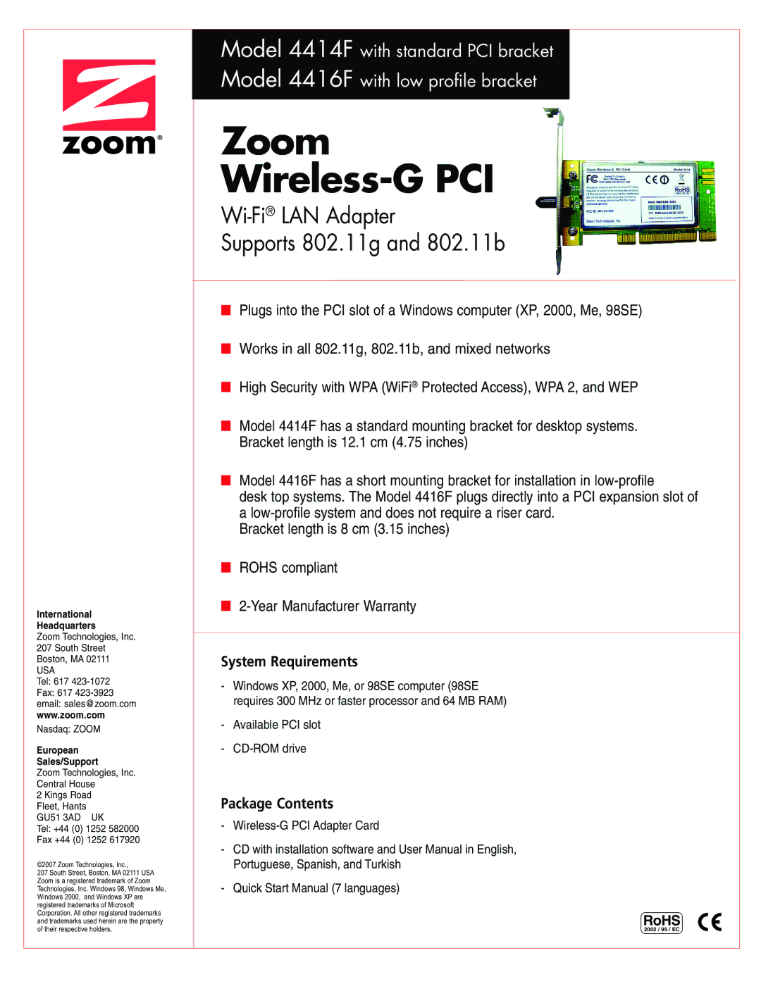 Zoom 4416F, 4414F warranty System Requirements, Package Contents 