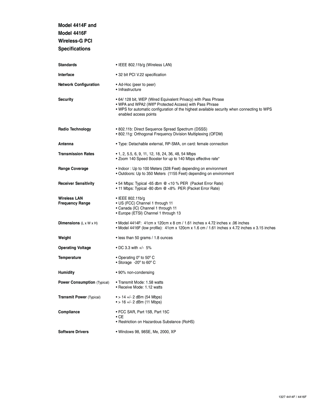 Zoom 4414F Standards, Interface, Network Configuration, Security, Radio Technology, Antenna, Transmission Rates, Weight 