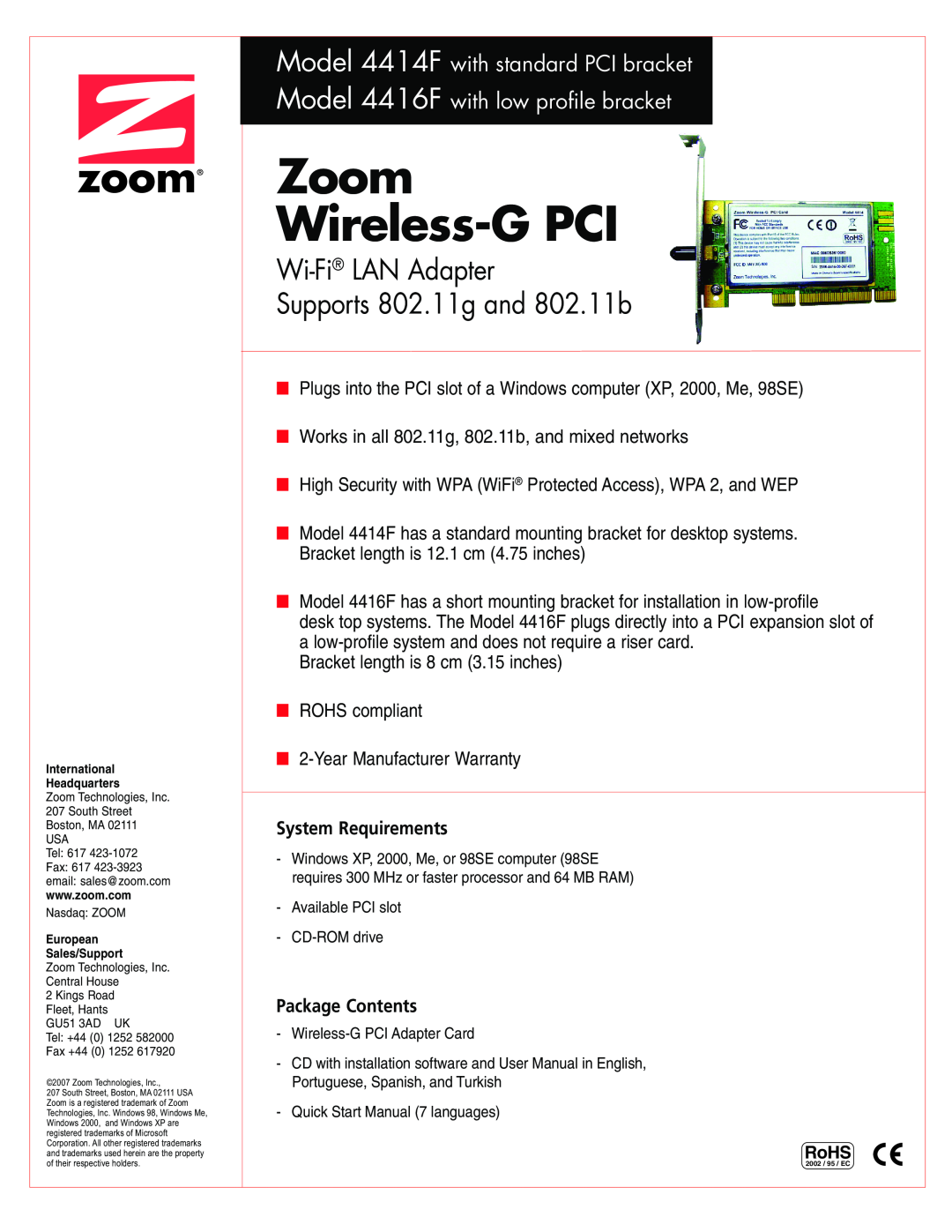 Zoom 4416F, 4414F warranty Zoom Wireless-G PCI, Wi-Fi LAN Adapter Supports 802.11g and 802.11b, System Requirements 
