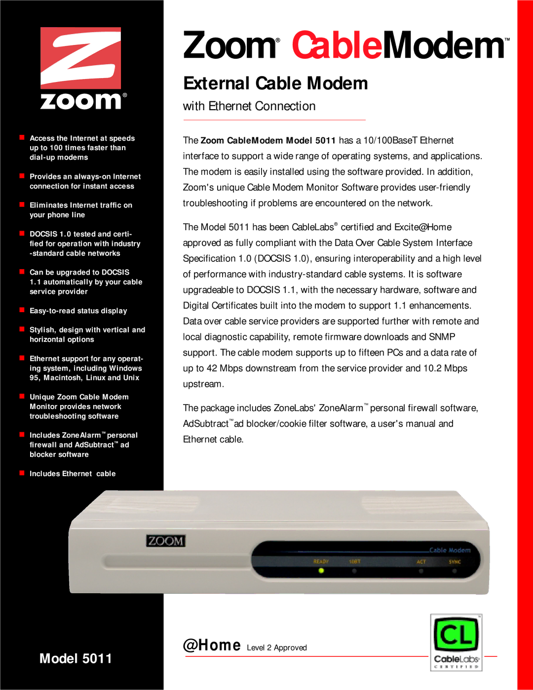 Zoom 5011 user manual Zoom CableModem 