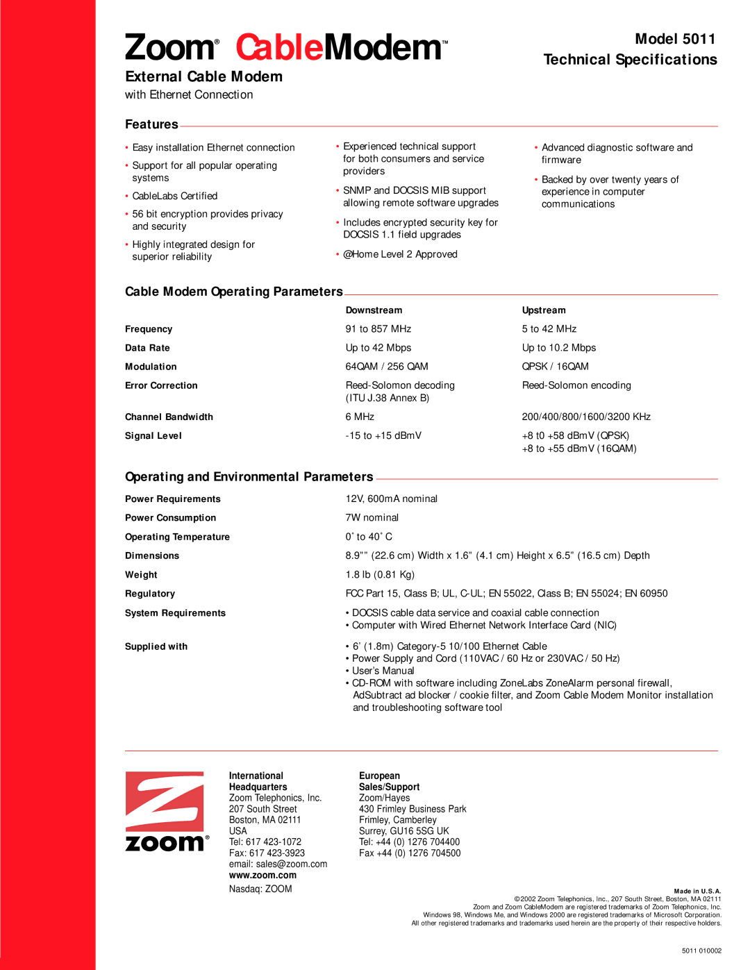 Zoom 5011 user manual Features, Cable Modem Operating Parameters, Operating and Environmental Parameters 