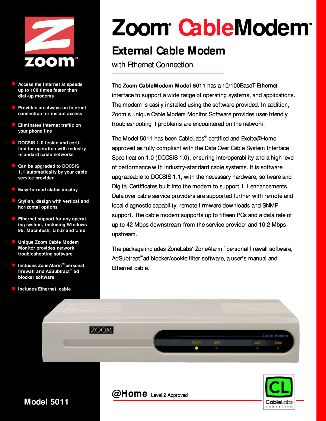 Zoom 5011 user manual Zoom CableModem, External Cable Modem, Model, with Ethernet Connection 