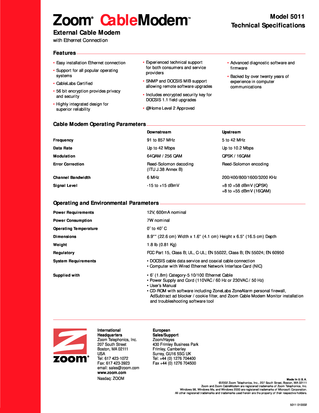 Zoom 5011 user manual Zoom CableModem, Model, Technical Specifications, Features, Cable Modem Operating Parameters 