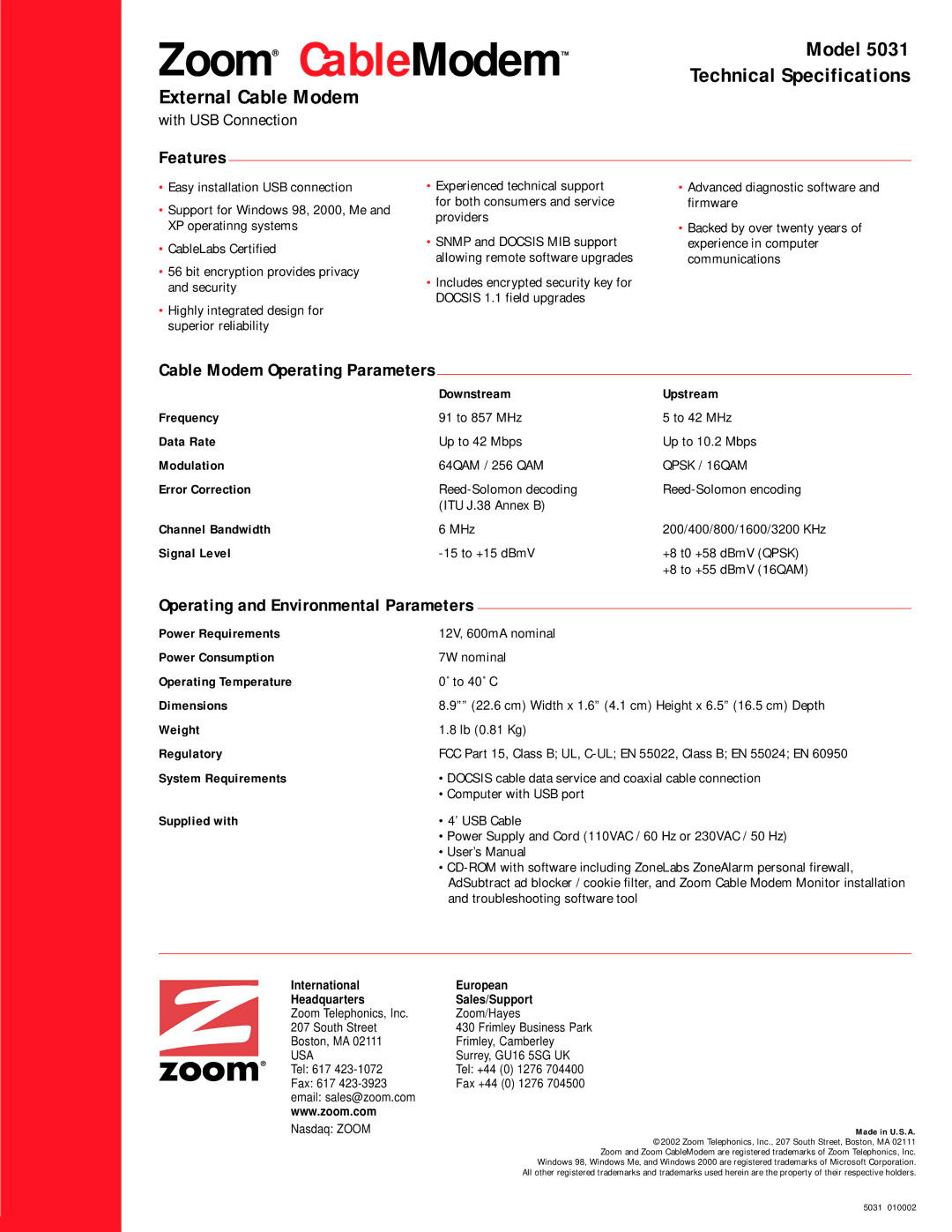 Zoom 5031 user manual Features, Cable Modem Operating Parameters, Operating and Environmental Parameters 