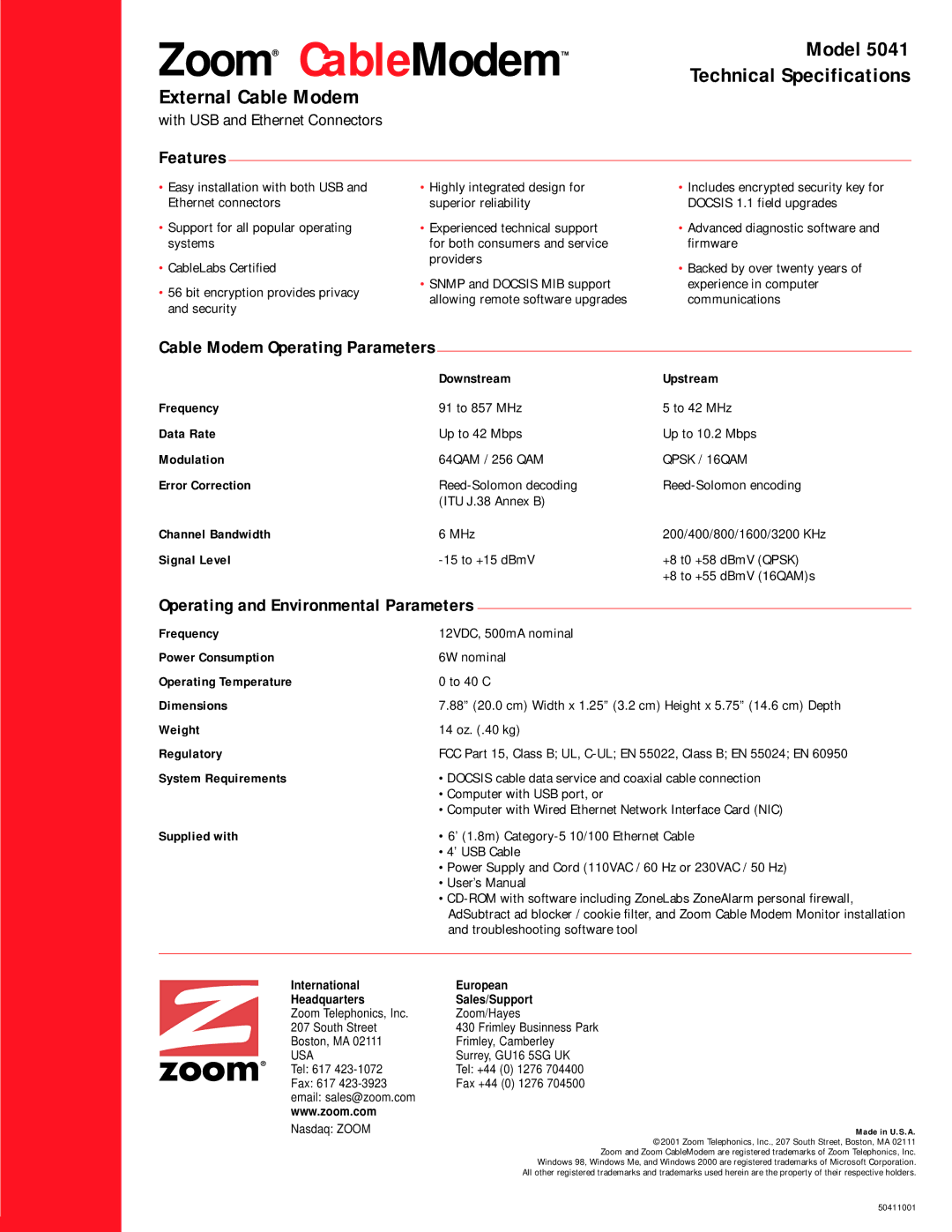 Zoom 5041 user manual Features, Cable Modem Operating Parameters 