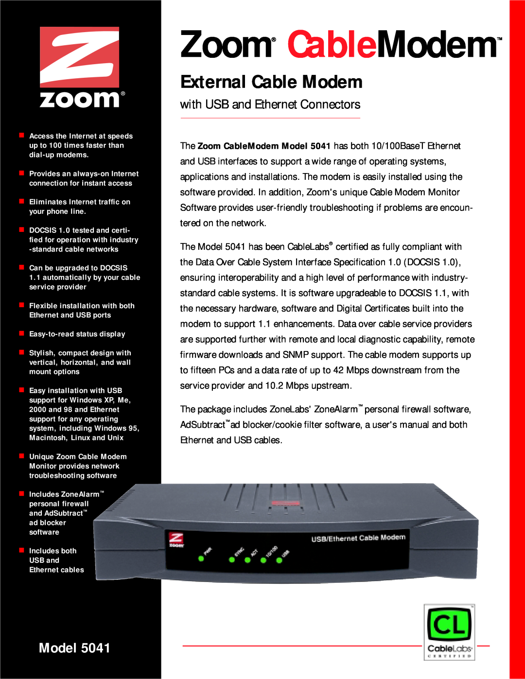 Zoom 5041 user manual Zoom CableModem, External Cable Modem, with USB and Ethernet Connectors, Model 