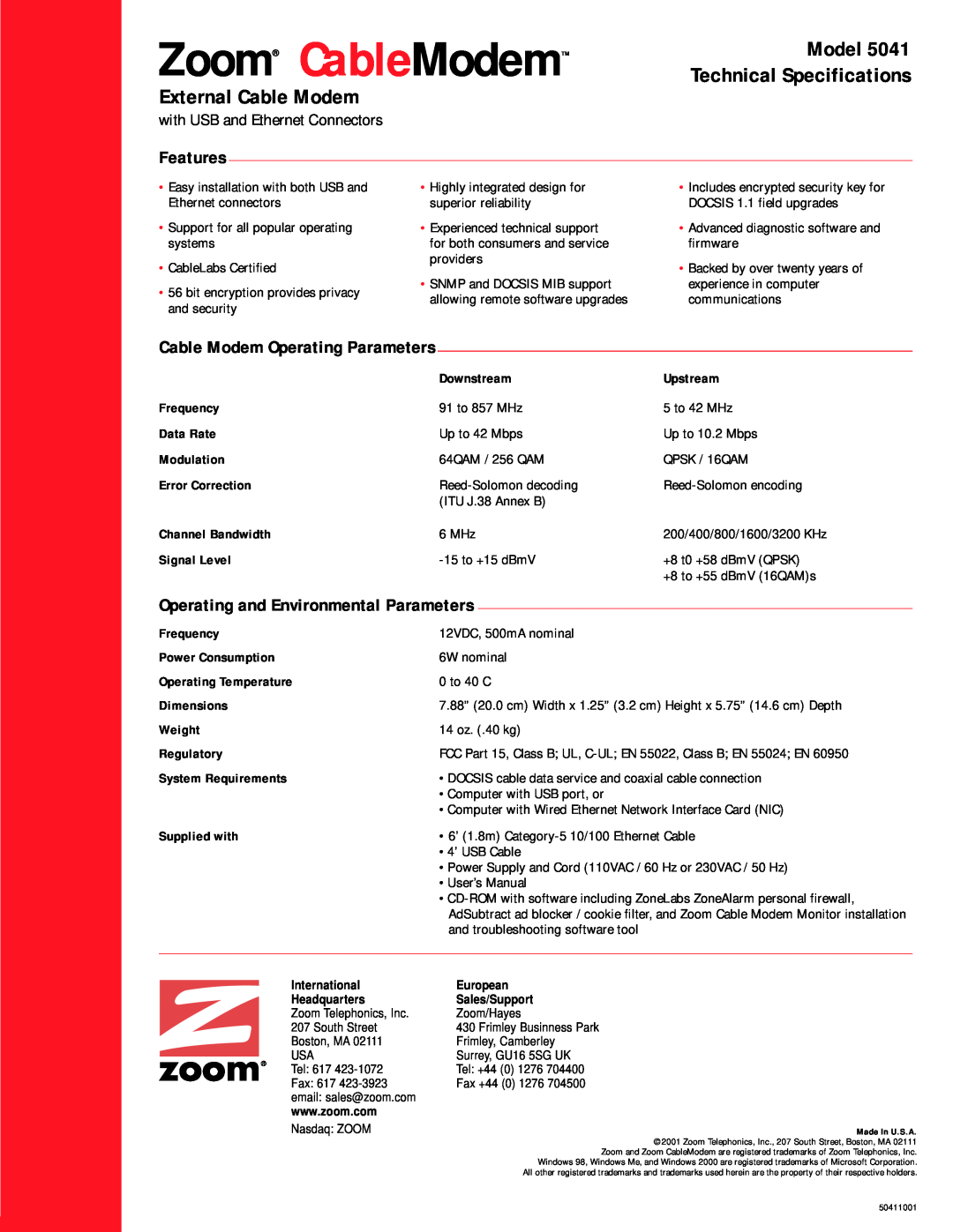 Zoom 5041 user manual Features, Cable Modem Operating Parameters, Zoom CableModem, Model, Technical Specifications 