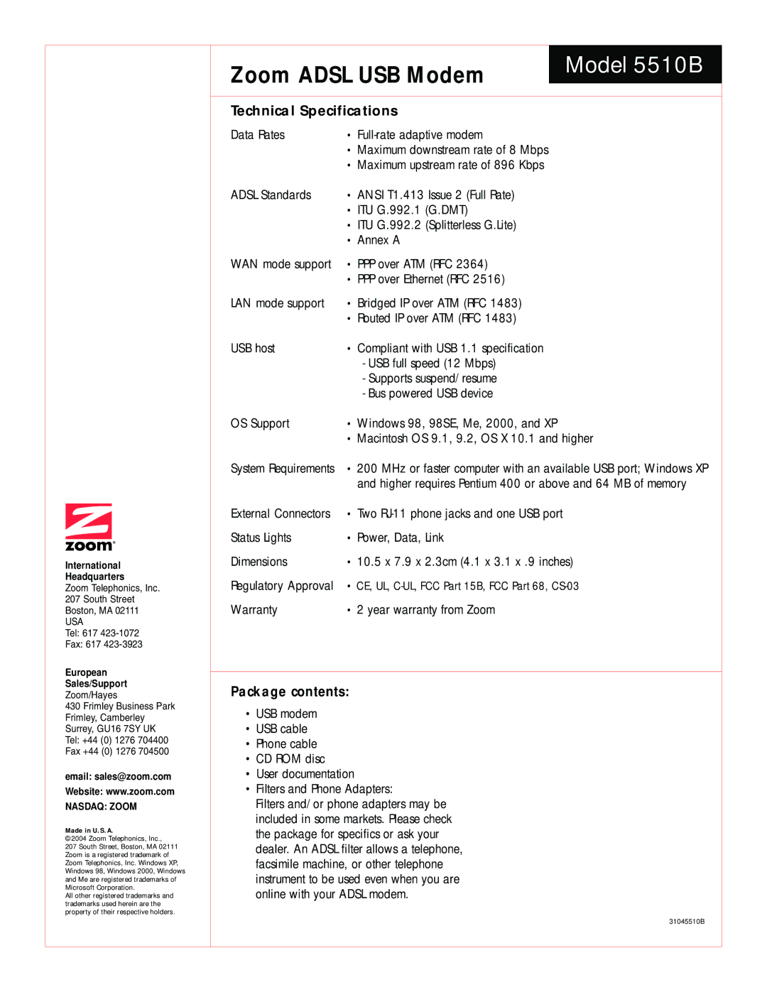 Zoom warranty Model 5510B, Technical Specifications, Package contents 