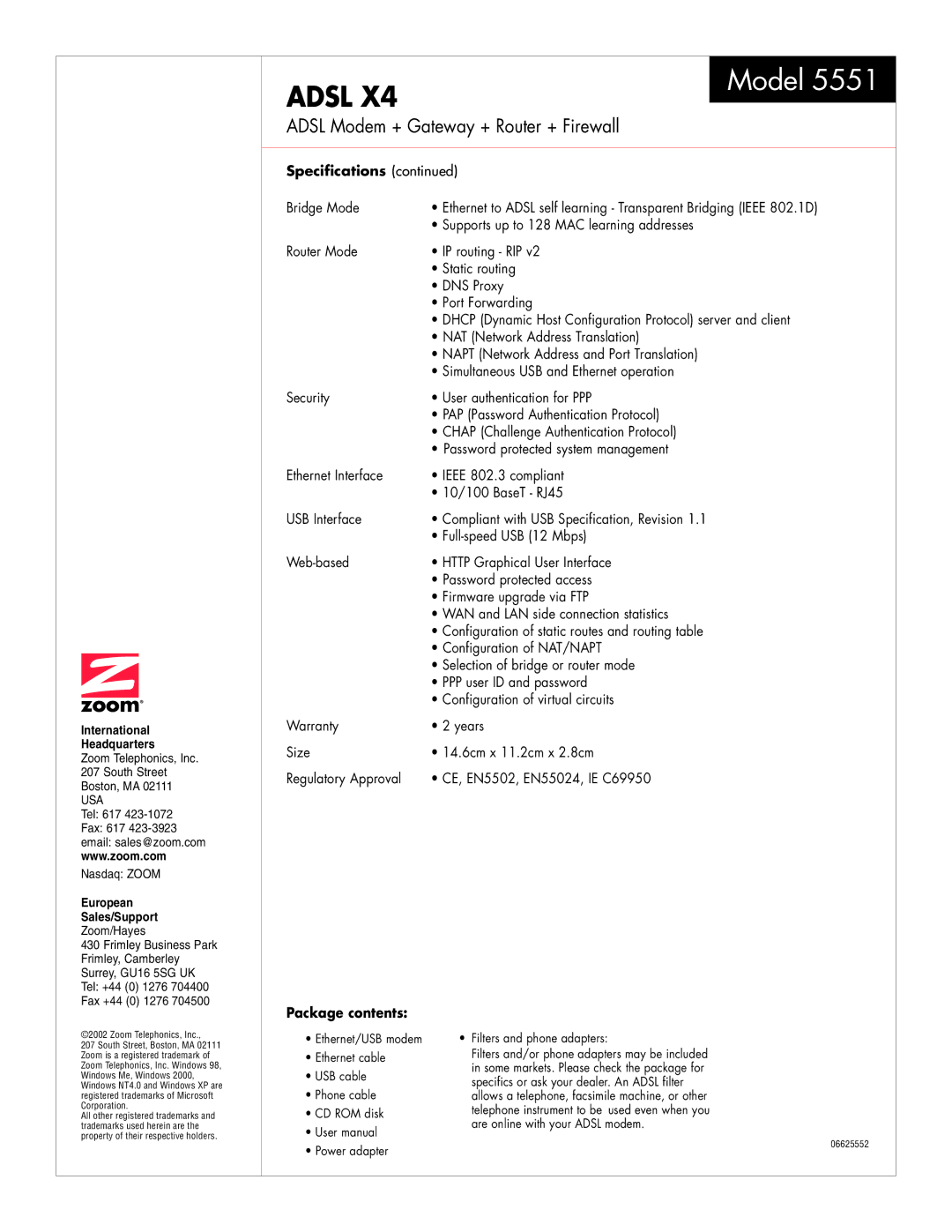 Zoom 5551 warranty Model, Adsl Modem + Gateway + Router + Firewall, Package contents 