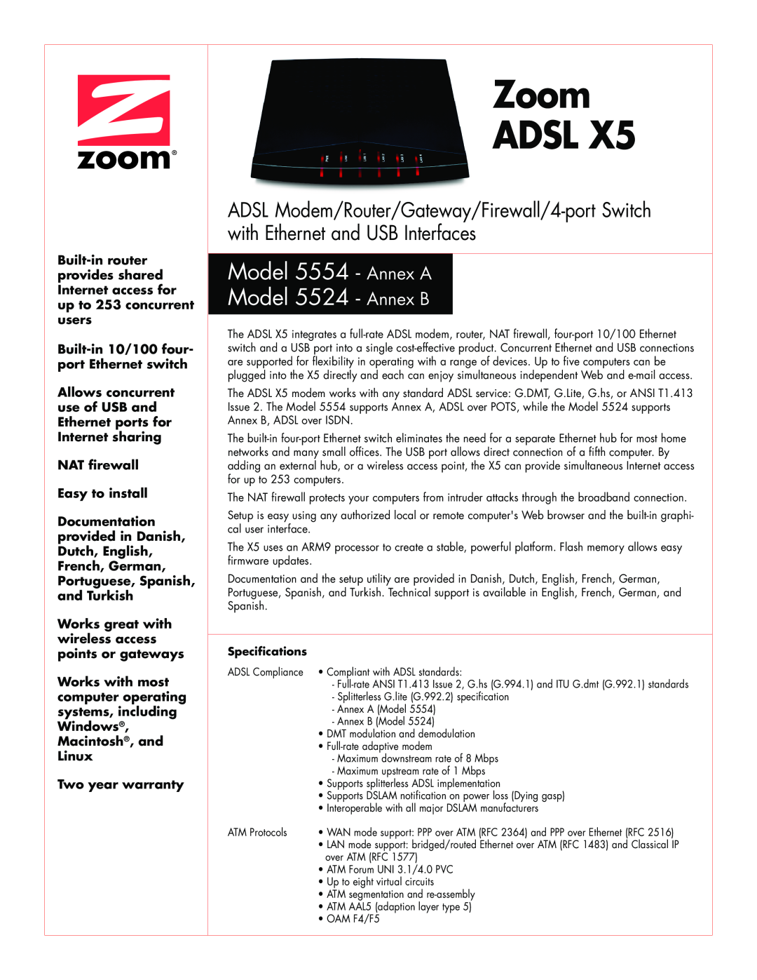 Zoom warranty Model 5554 - Annex A Model 5524 - Annex B, Specifications, Zoom ADSL, NAT firewall Easy to install 