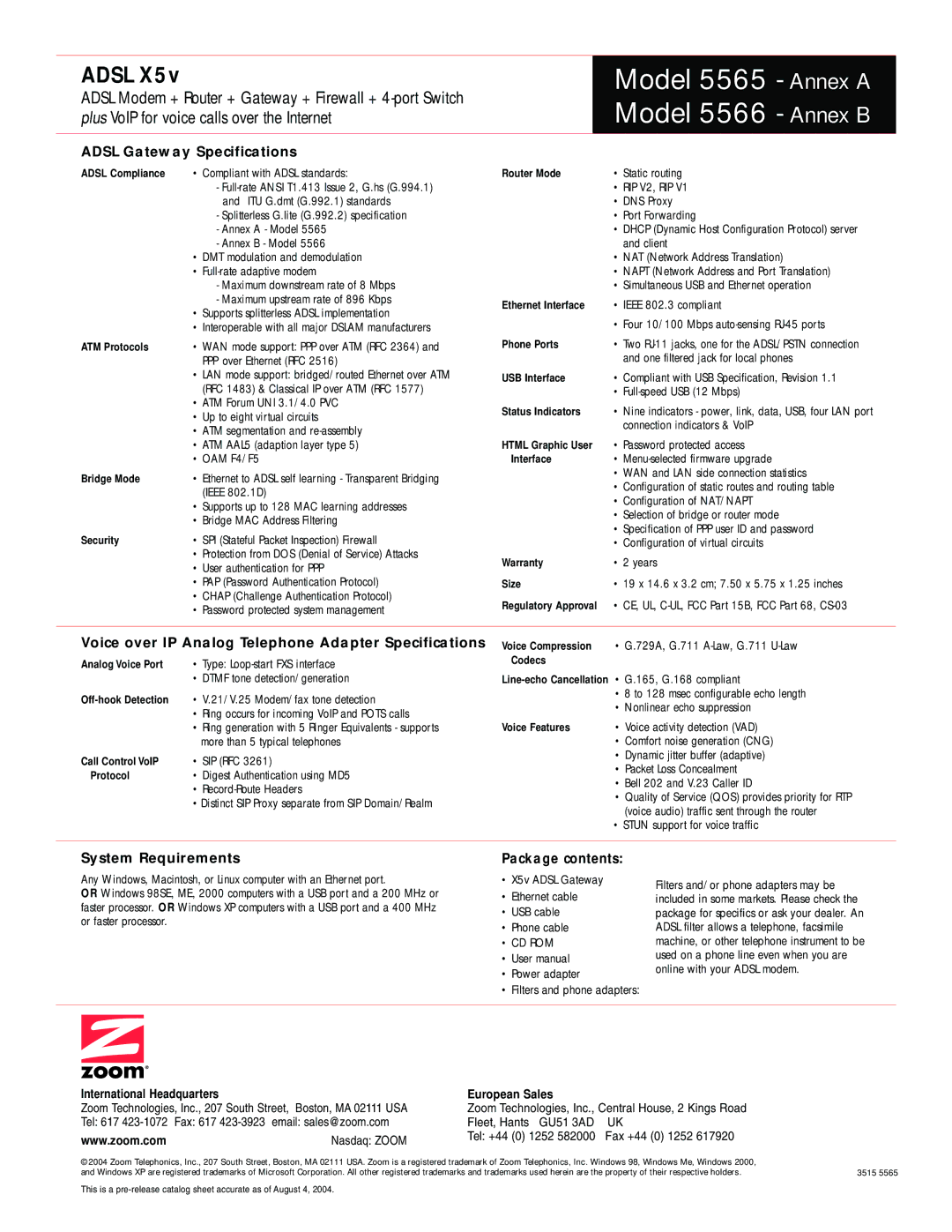 Zoom 5566, 5565 Adsl Gateway Specifications, Voice over IP Analog Telephone Adapter Specifications, System Requirements 