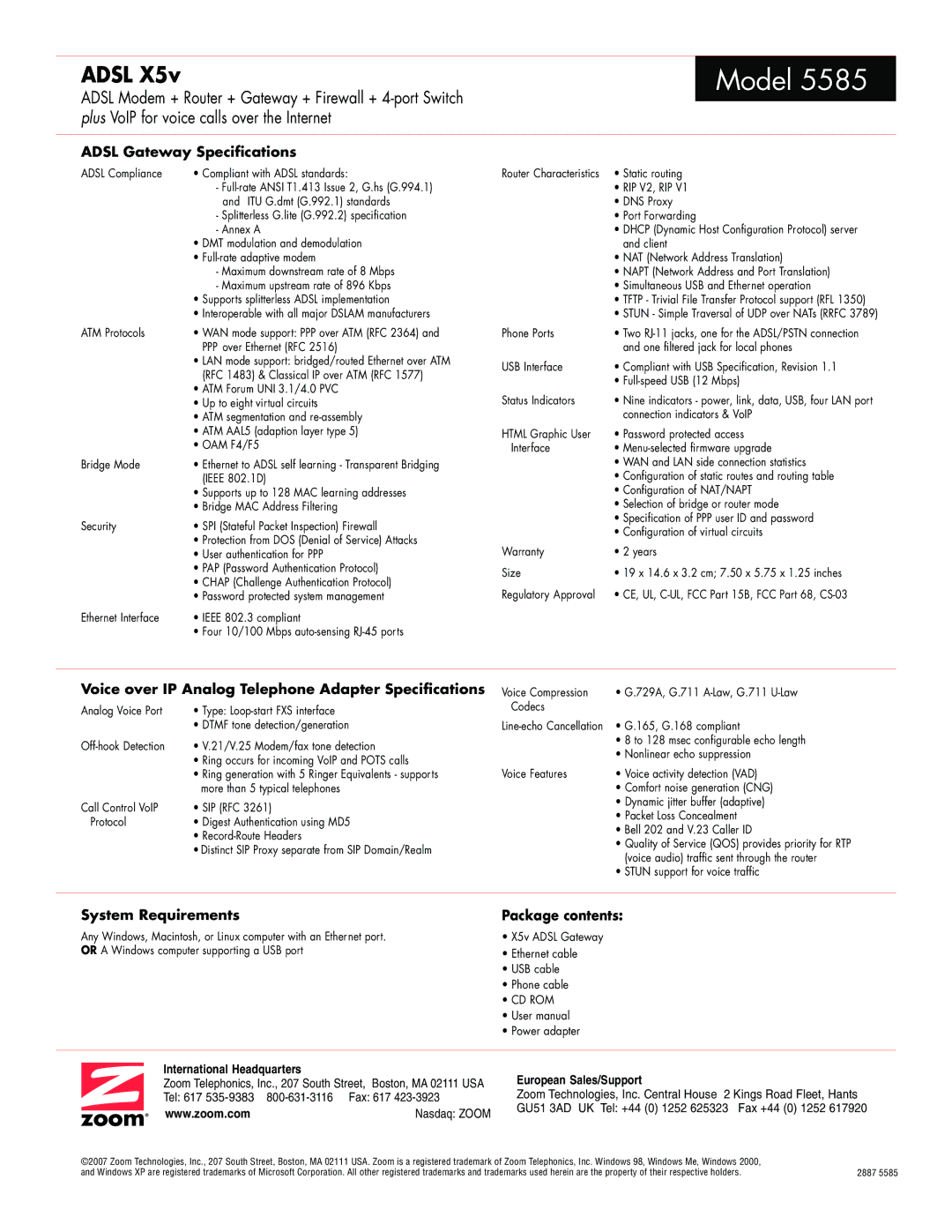 Zoom 5585 warranty Adsl Gateway Specifications, Voice over IP Analog Telephone Adapter Specifications, System Requirements 