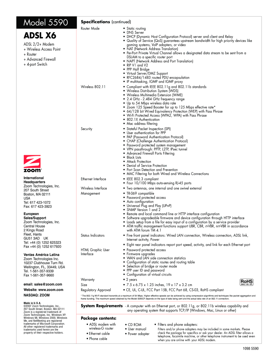 Zoom 5590 warranty Adsl, Package contents 