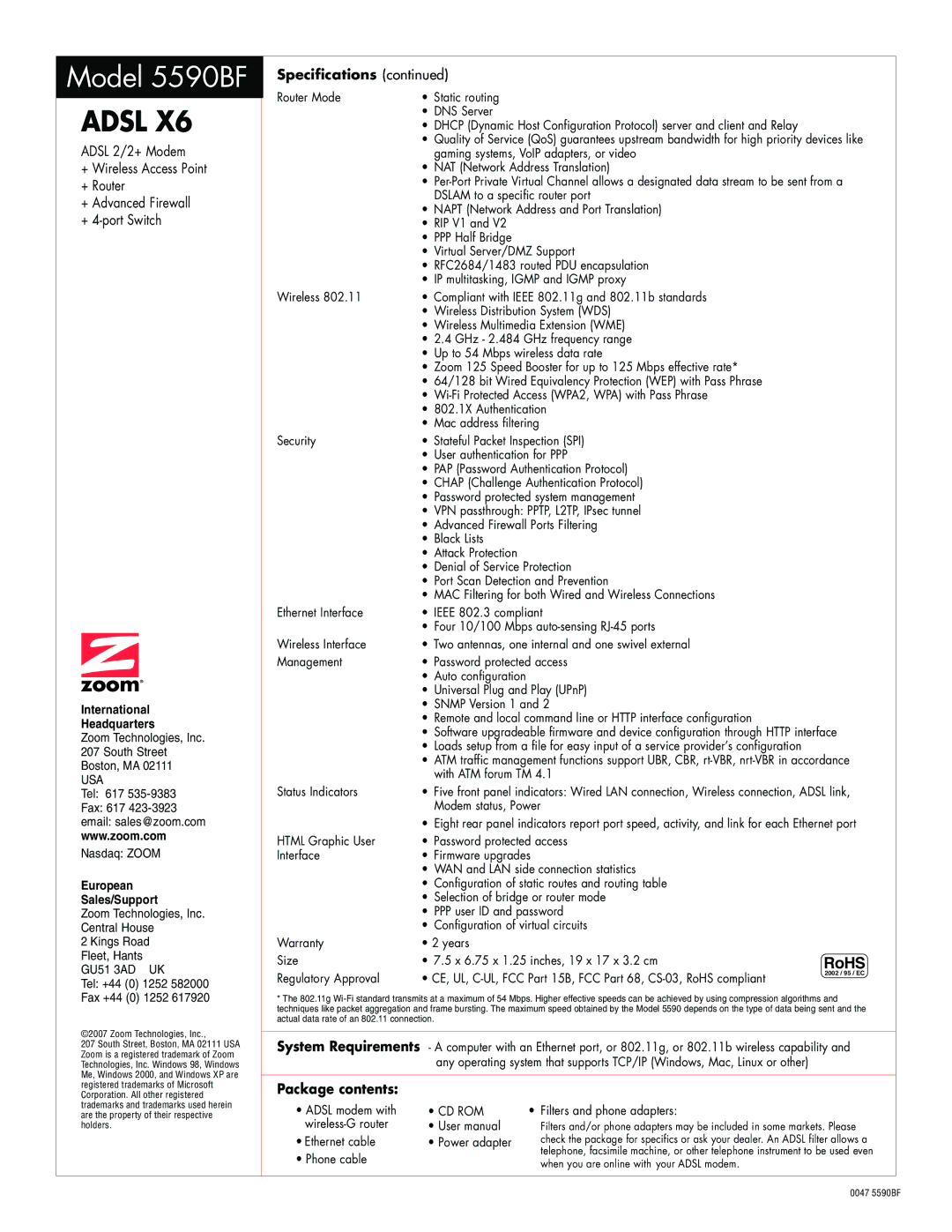 Zoom 5590BF warranty Adsl, Package contents 