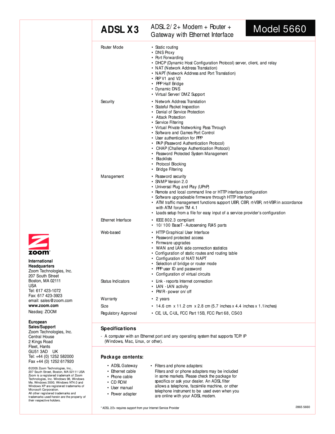 Zoom 5660 warranty Adsl, Package contents 