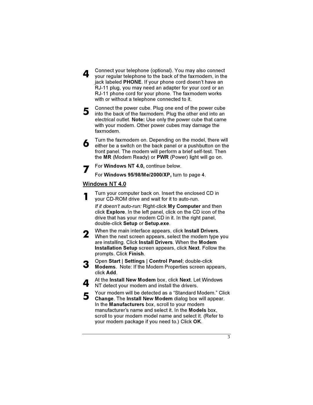 Zoom 56K quick start Windows NT, For Windows 95/98/Me/2000/XP, turn to, Open Start Settings Control Panel double-click 