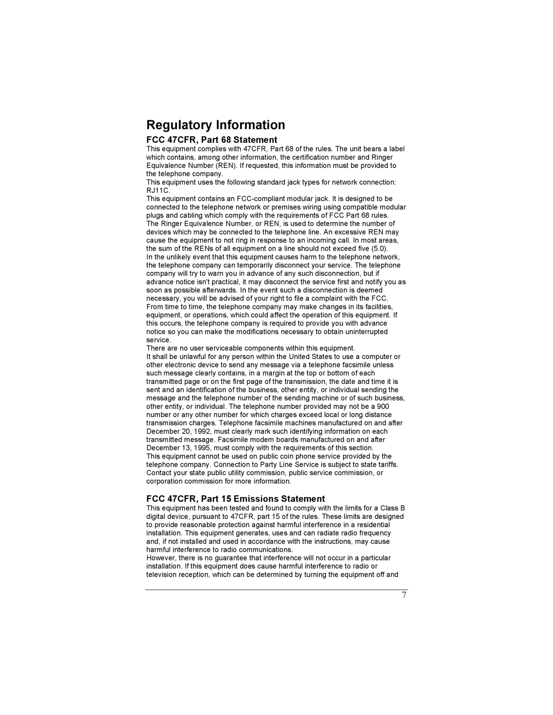 Zoom 56K quick start Regulatory Information, FCC 47CFR, Part 68 Statement, FCC 47CFR, Part 15 Emissions Statement 